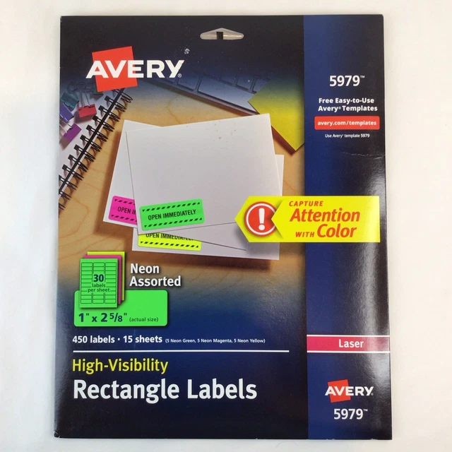 450 Avery 5979 High-Visibility Neon Labels, 1 x 2-5/8 Rectangle, Assorted Colors