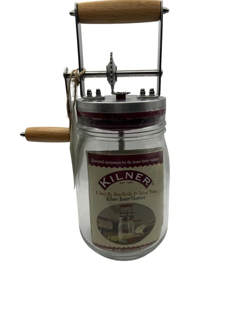 Kilner Butter Churn Mixer One Quart Glass Jar With Wooden Handle With Manual New