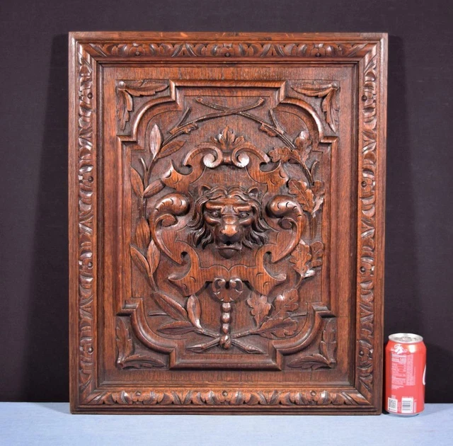 *Antique French Panel in Solid Oak Wood with Lion Face Highly Carved