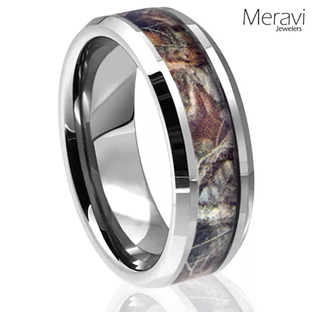 Real Oak Forest Camo Ring Brown Mossy Tree Mens 8mm Silver Tungsten Wedding Band