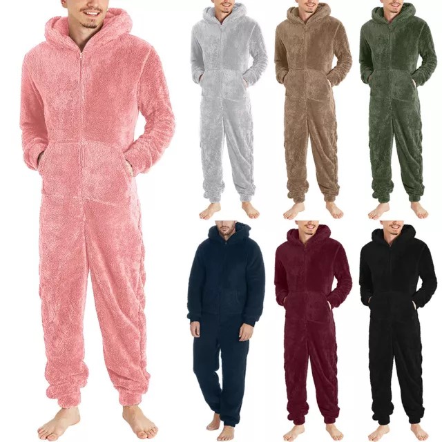 Men's Teddy Bear Fluffy Fleece Hooded Jumpsuit 1Onesie Playsuit Pajamas Romper