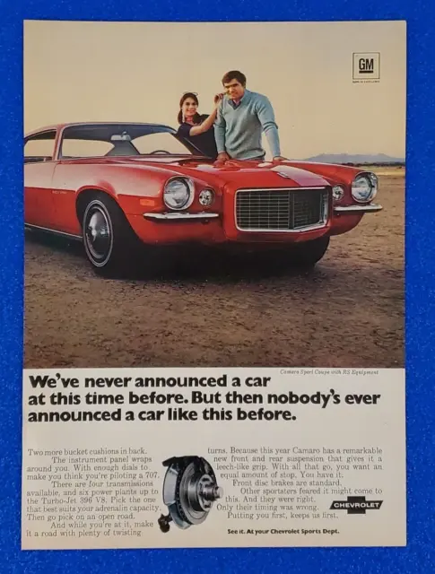 1970 Chevy Camaro Original Print Ad 350 4-Speed Chevrolet Ships Free (Lot Red)