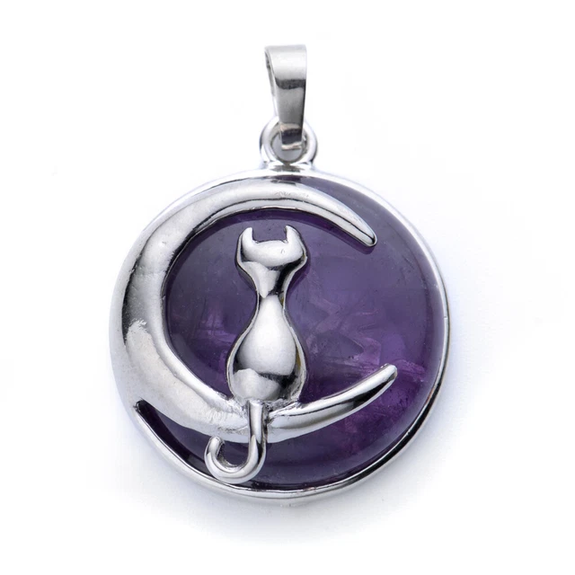 Natural Gemstone Cat and Moon Round Reiki Chakra Pendant Charms Amulet Energy