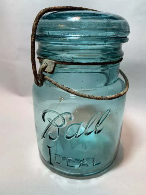 1923 - 1933 Aqua Glass Ball IDEAL pint canning jar with LID Mold #2