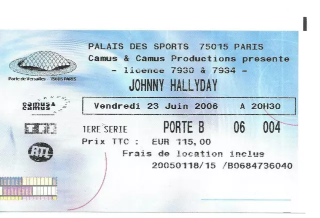 Rare / Ticket Billet De Concert - Johnny Hallyday : Live A Paris ( France ) 2006