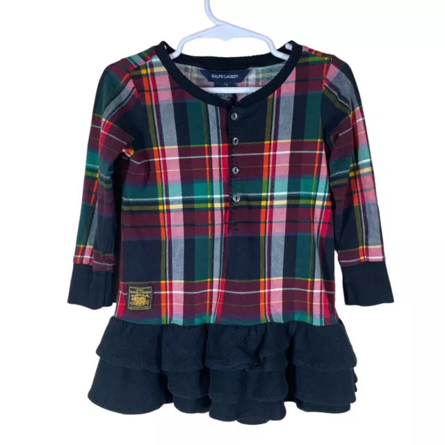 Ralph Lauren Plaid Dress Little Girls Size 2T Long Sleeve Logo Half Button Up