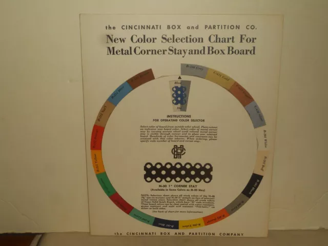The CINCINNATI BOX & PARTITION Co. SALESMAN Sample Pinwheel Selection Chart Sign