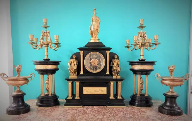 Antique Monumental Paris Signed 5 Piece Garniture  Clock Ormolu Bronze Marble