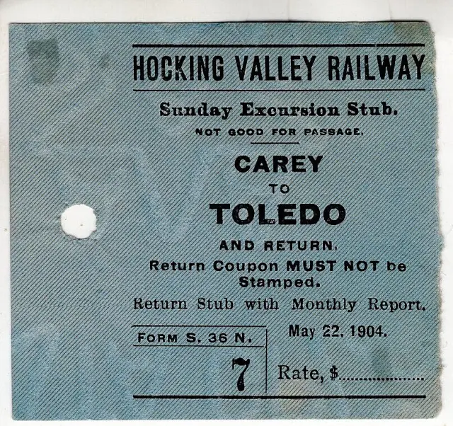 Railway ticket, United States: Hocking Valley Railway, Carey & Toledo, 1904