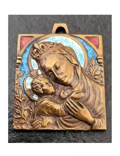 Médaille Plaque Pendentif Vierge A L'enfant En Bronze Et Émail