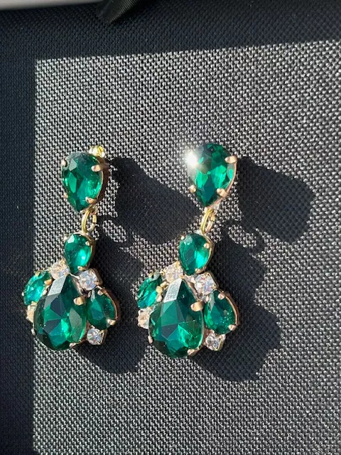 CZECH Vintage DECO GREEN Clear White ART GLASS CRYSTAL  2" DANGLE Stud EARRINGS