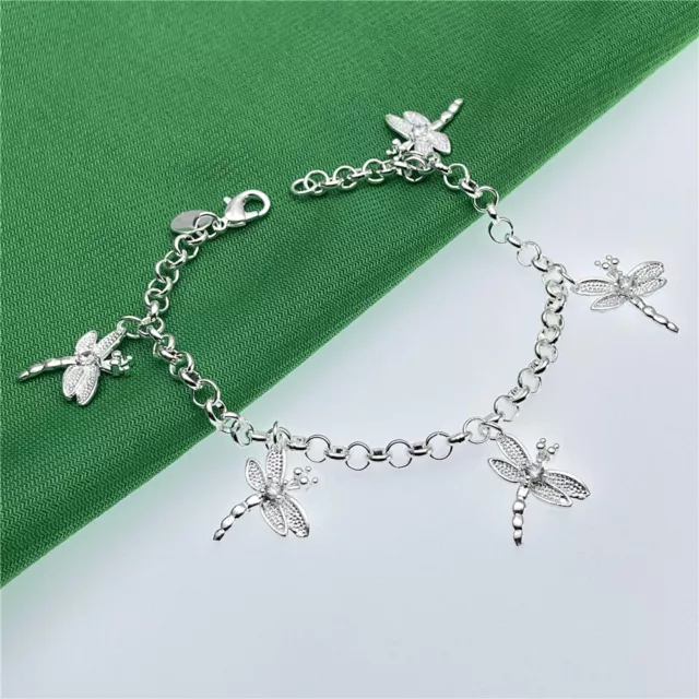 925 Sterling Silver Filled Dragonfly Dangle Charm Bracelet Bangle Womens Jewelry