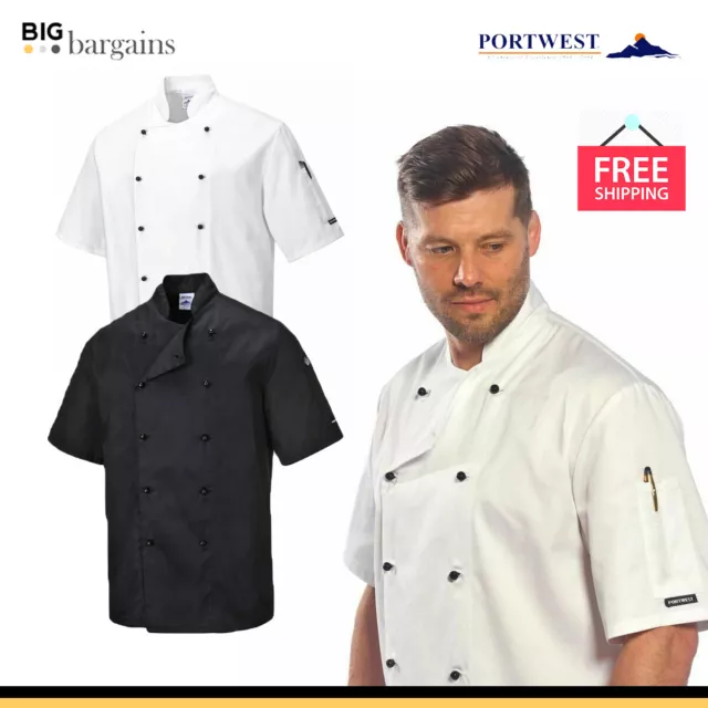 Portwest Kent Chef's Work Wear Jacket Twill Short Sleeve Detachable Buttons C734