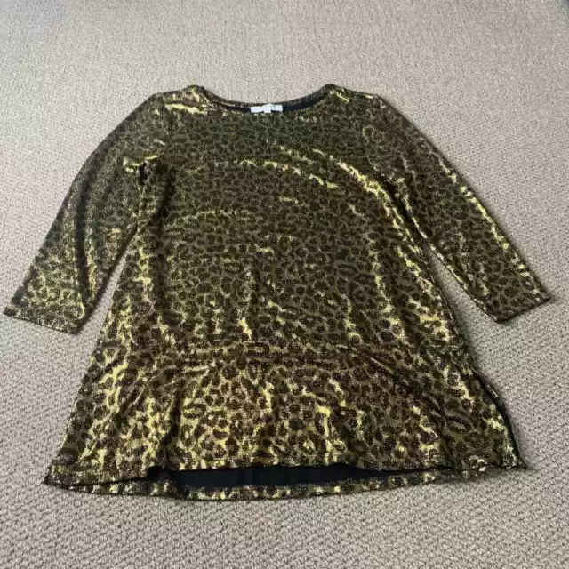 Chaus Womens Blouse Top Size Large Gold Metallic Leopard Tunic 3/4 Sleeves