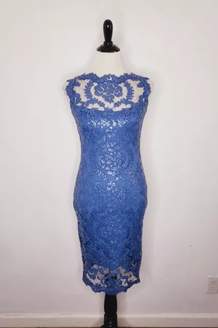TADASHI SHOJI Sleeveless Sequin Pailette Lace Embroidered Sheath Dress Blue Sz 2