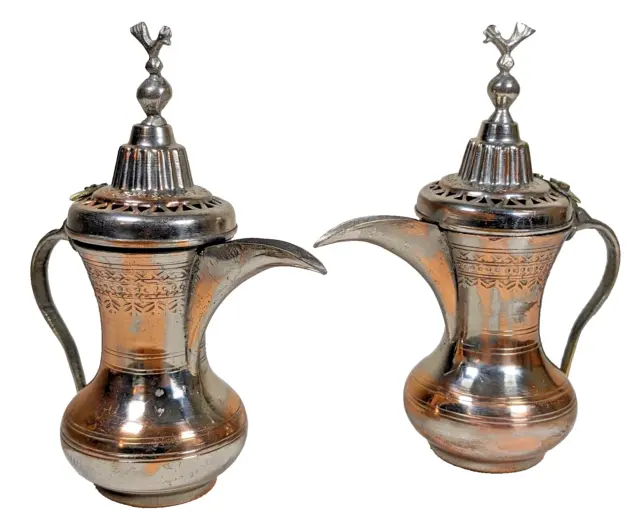 Vintage Middle East Dallah Plated Coffee Pots ~ Matching Pair Islamic Original