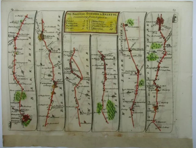 Antique Road Map of Oxford to Bristol by Thomas Kitchin 1767