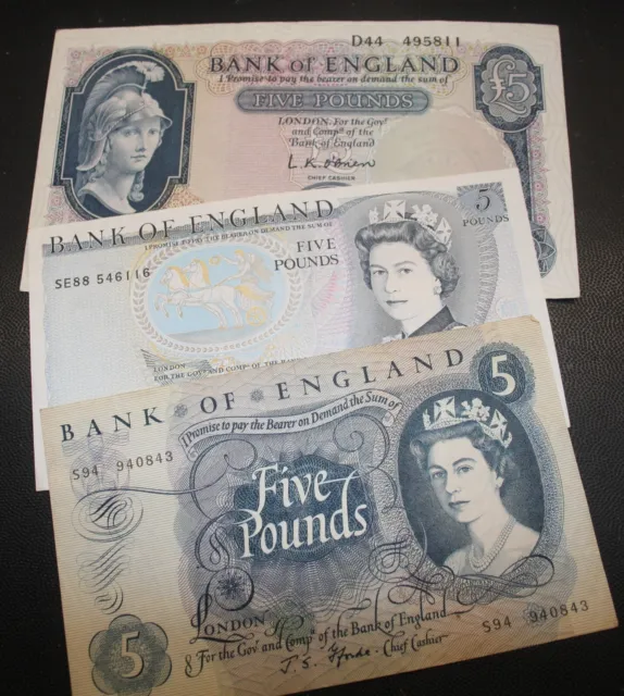 British- 3 Diff English £5 Notes 1961 Helmeted, 1967 Portrait , 1988 Pictorial