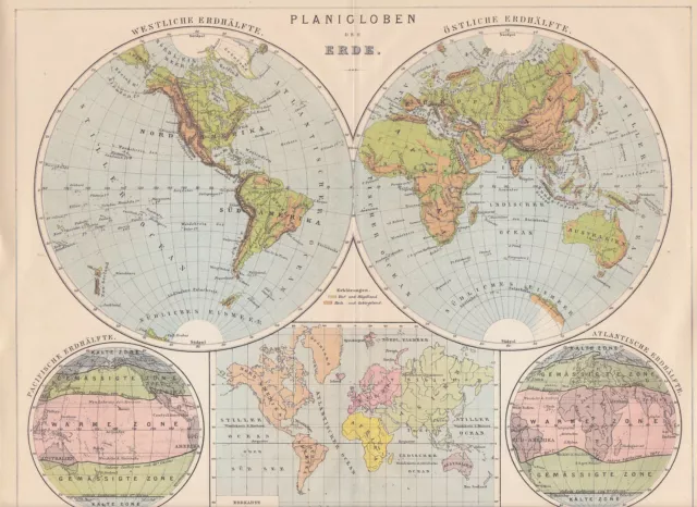 1885 PLANIGLOBE EARTH WORLD AFRICA EUROPE America Antique Litho Map