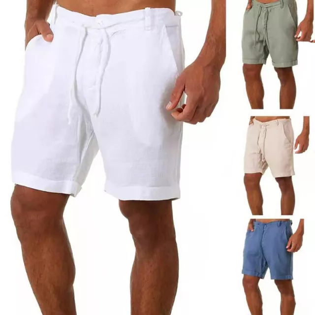 Homme Coton Lin Short Taille Élastique Cordon Été Ample Décontracté Pantalon GB.