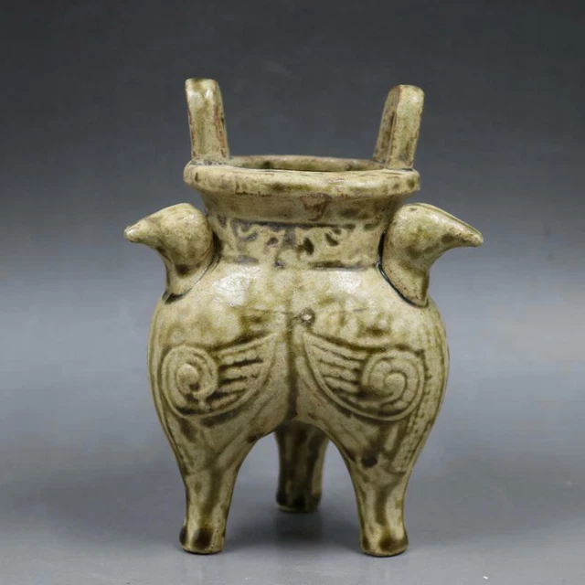 Chinese Xijin Yue Kiln Porcelain Censer Hand-carved Tripod Incense Burner 5.1"