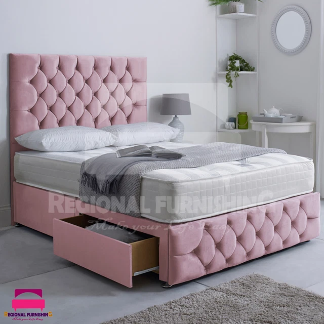 LUXURY DIVAN BED Plush Velvet 54"Chesterfield Headboard+Footboard With