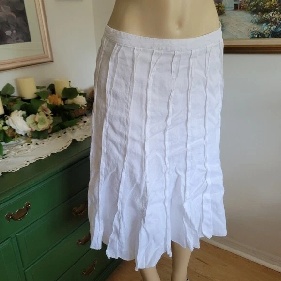 Carol Little White Vintage Y2K 100% Linen Boho Ruffled Knife Pleat Midi Skirt