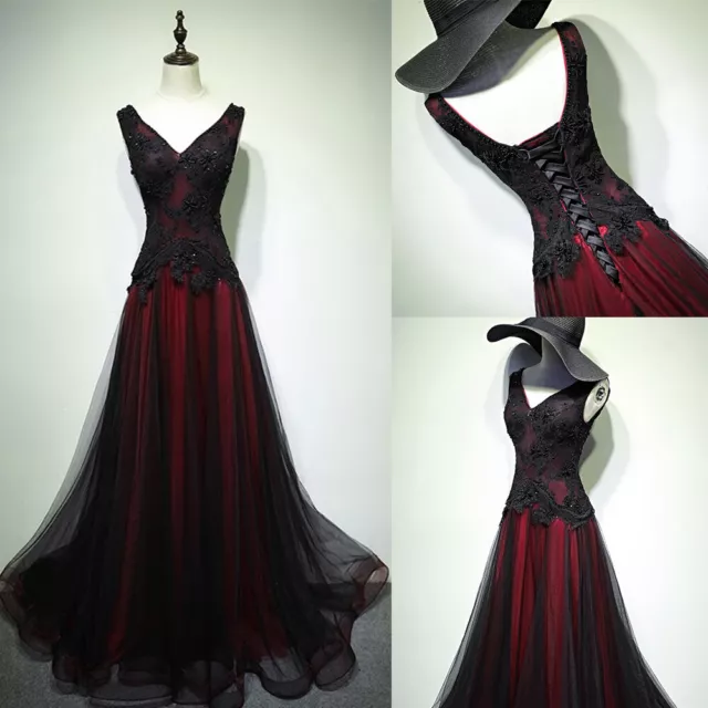 Black And Red Wedding Dresses Gothic Sleeveless V Neck Beaded Lace Bridal Gowns