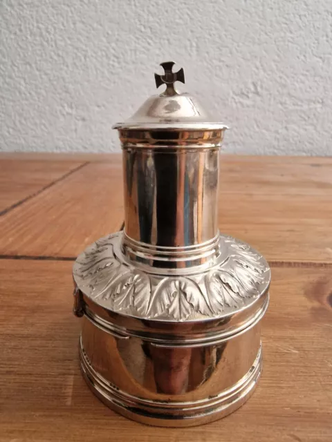 CHRYSMATORIUM echt Silber mit Kreuz oben Salbgefäß  9cm hoch Dose sakral