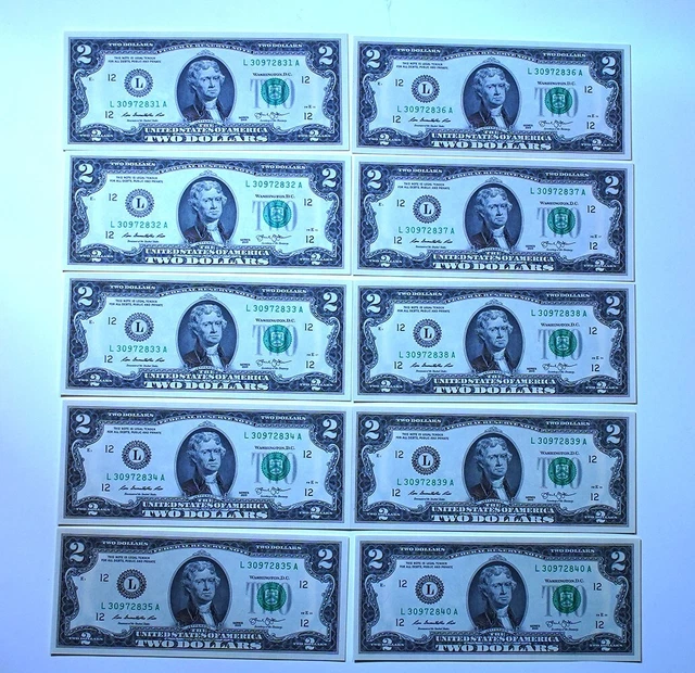 Ten (10) New Crisp 2013 Two Dollar Bills  – Serial numbers are in sequence.