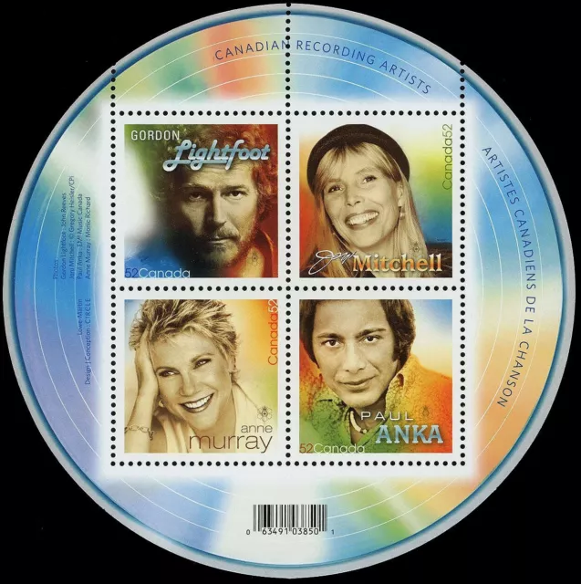 Canada Stamps Souvenir Sheet of 4, Canadian Recording Artists, #2221 MNH