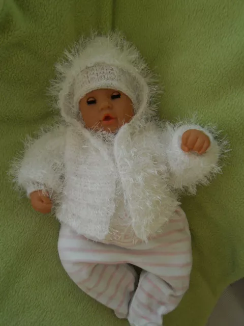 Pupen-Garnitur Reborn Baby Mütze Ausfahrgarnitur gestrickt Taufe weiß  Gr. 50/56