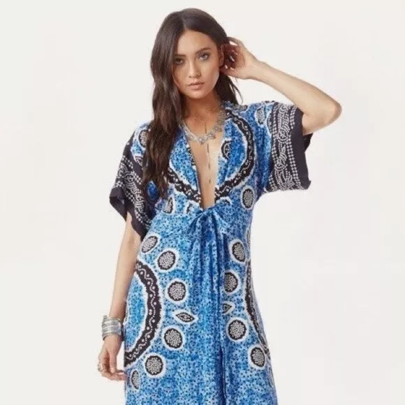 Ale by Alessandra Blue Kimono Maxi Dress Deep V Boho Revolve Festival S