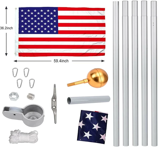 HEAVY DUTY ALUMINUM 20' Sectional Flag Pole Kit w/ 3' x 5' US Flag Gold