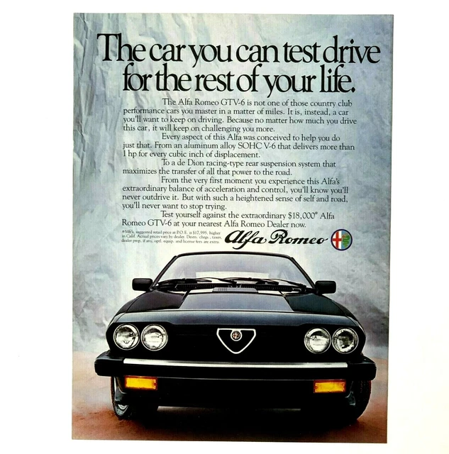 1983 Alfa Romeo GTV-6 Advertisement Test Drive Rest of your Life Vtg Print AD