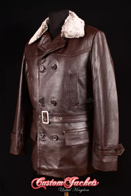Men's KRIEGSMARINE FUR COLLAR German Jacket Pea-coat Real Cowhide Leather Brown