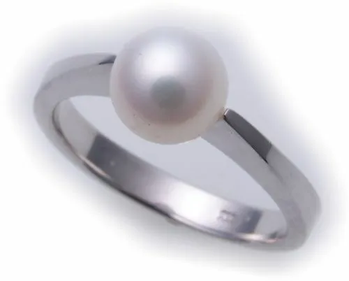 Anneau Femmes Réel or Blanc 585 Perle 7,5 MM Brillant 14kt 585er- Or