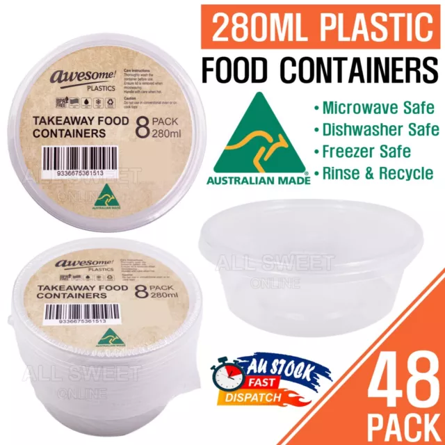 48pk 280ml Take Away Food Container With Lid Plastic Round Clear Australian Made