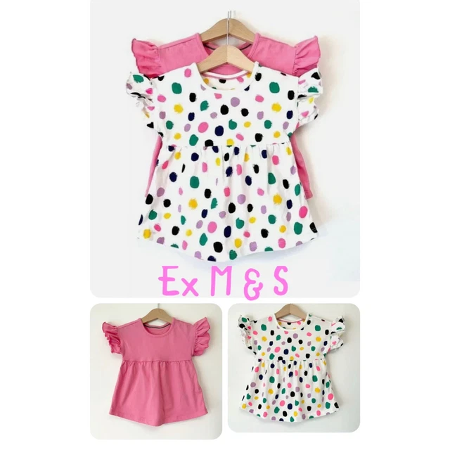 T-shirt abito estivo ex M&S bambina confezione da 2 anni rosa a macchie età 18 24 2 3 4 5