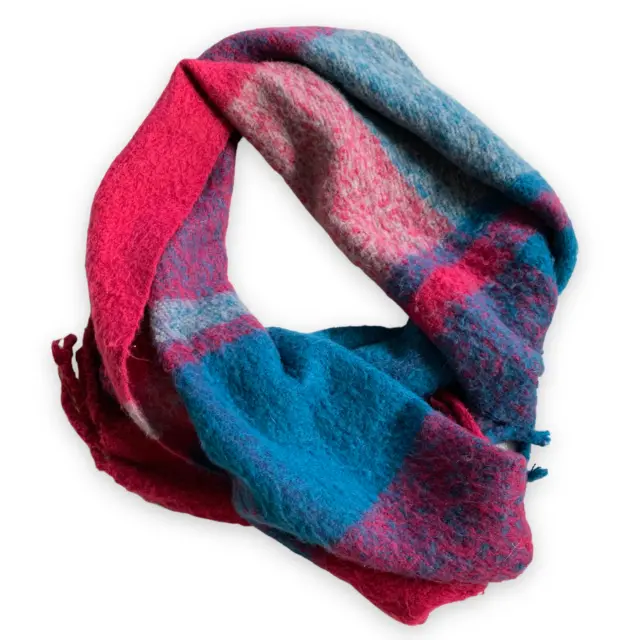 STEVE MADDEN women's red/blue plaid chunky fringe blanket scarf ONE SIZE