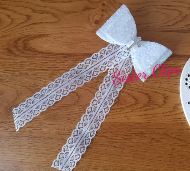 Girls Handmade holy communion pure white glitter 4" bow hair clip