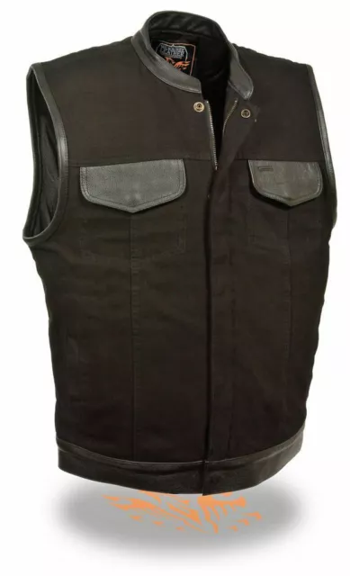 Men's Son Of Anarchy Blk Denim Motorcycle Vest With Leather Trim Two Gun Pockets