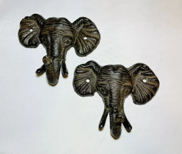 2 Elephant Head Wall Mount Coat Key Towel Hooks Cast Iron Brown/Black Unused