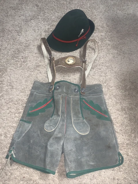Vtg Oktoberfest Youth Boys Lederhosen Cow Split Leather With Suspenders & Hat