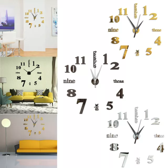 Acrylic Modern DIY Large Wall Clock 3D Mirror Surface Sticker Home Room Decor SS