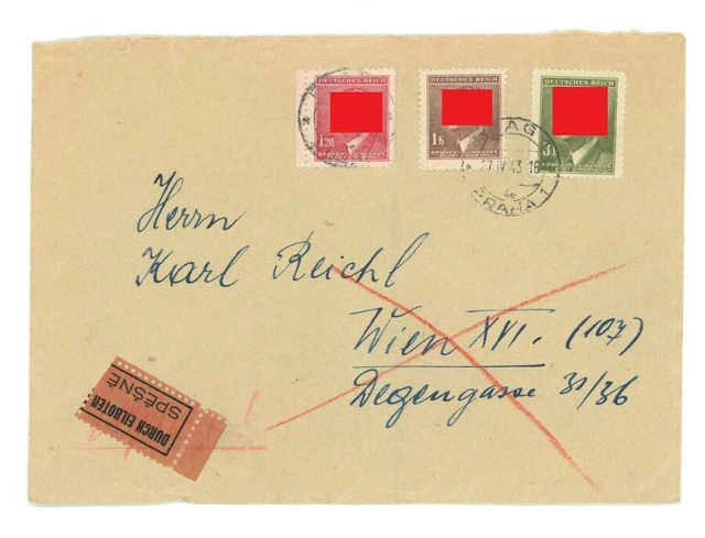 Böhmen und Mähren - Eilboten Mischrankatur Prag nach Wien 27.4.1943