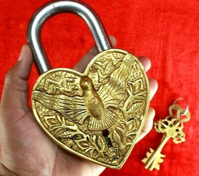 Heart Lock Brass Padlock Key Antique Heavy Big Heart Shaped Vintage Eagle Design