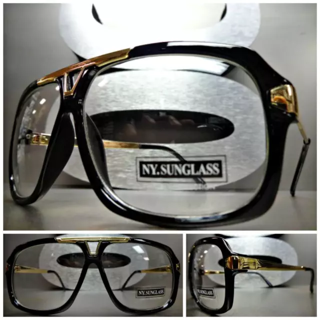 CLASSIC VINTAGE RETRO Hip Hop Style Clear Lens EYE GLASSES Black & Gold Frame