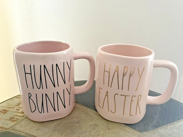 Rae Dunn Easter Mug Set Of 2 Ceramic Pink - HUNNY BUNNY, HAPPY EASTER