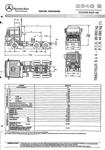 MERCEDES TRUCKS / FICHE TECHNIQUE / 2648 S POWERLINER 480 / de 1990 EUR ...